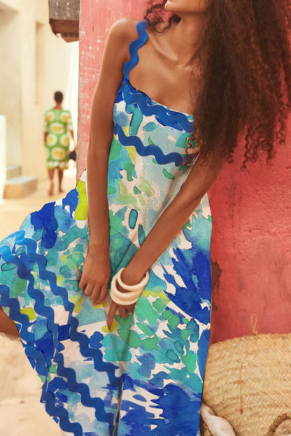 Printed Square Neck Wide Strap Dress