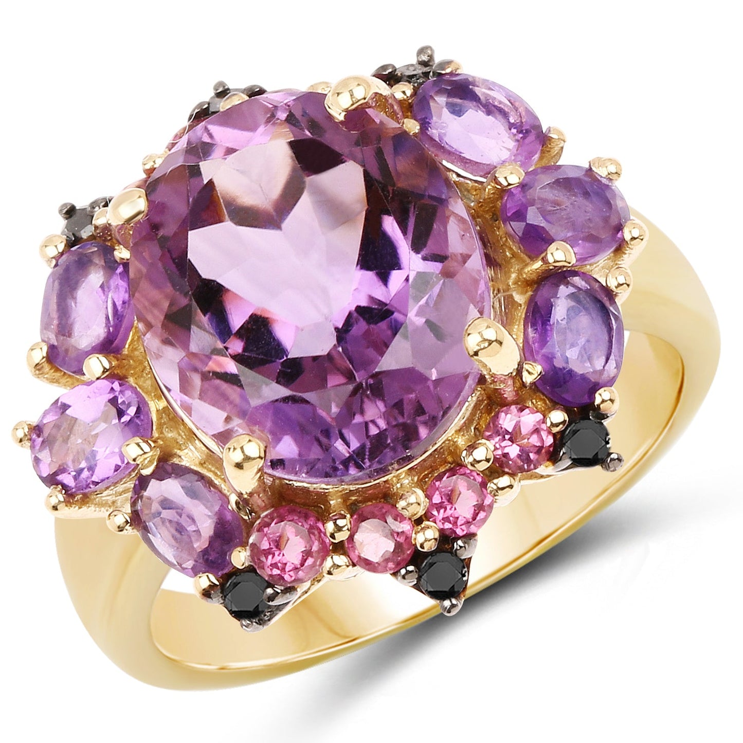 14K Yellow Gold Plated 5.25 Carat Genuine Amethyst, Rhodolite and Blue Diamond .925 Sterling Silver Ring