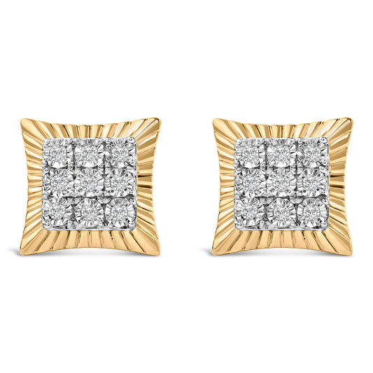 Boucles d'oreilles clous en argent sterling 925 plaqué or jaune 10K, avec diamant 1/4 Cttw et halo texturé