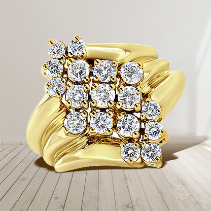 10K Yellow Gold 1 1/2 Cttw Diamond Cluster Tapered Shank Cocktail Ring Cocktail Ring (I-J Color, I1-I2 Clarity) - Ring Size 7