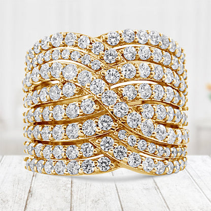 10K Yellow Gold 3.0 Cttw Diamond Eight-Row Bypass Crossover Statement Band Ring (H-I Color, I2-I3 Clarity) - Size 7