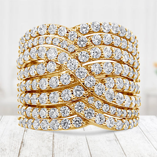 Bague à déclaration en or jaune 10K sertie de diamants de 3,0 carats, huit rangs croisés (couleur H-I, pureté I2-I3) - Taille 7