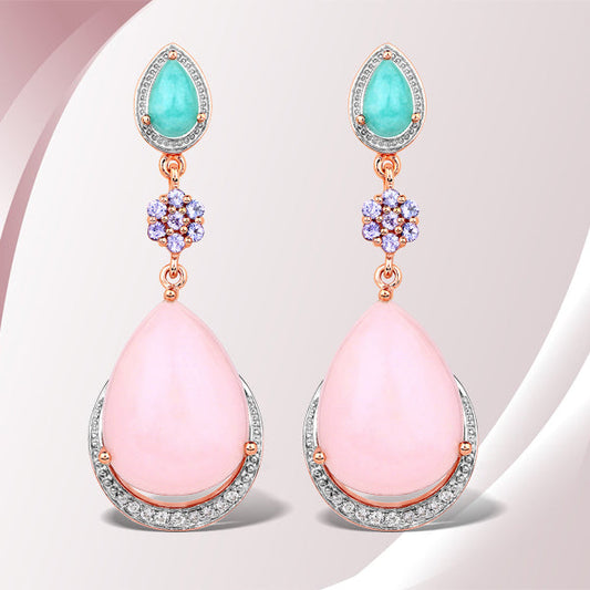 Boucles d'oreilles en argent sterling .925 plaqué or rose 18 carats ornées de pierres véritables multicolores de 31,93 carats