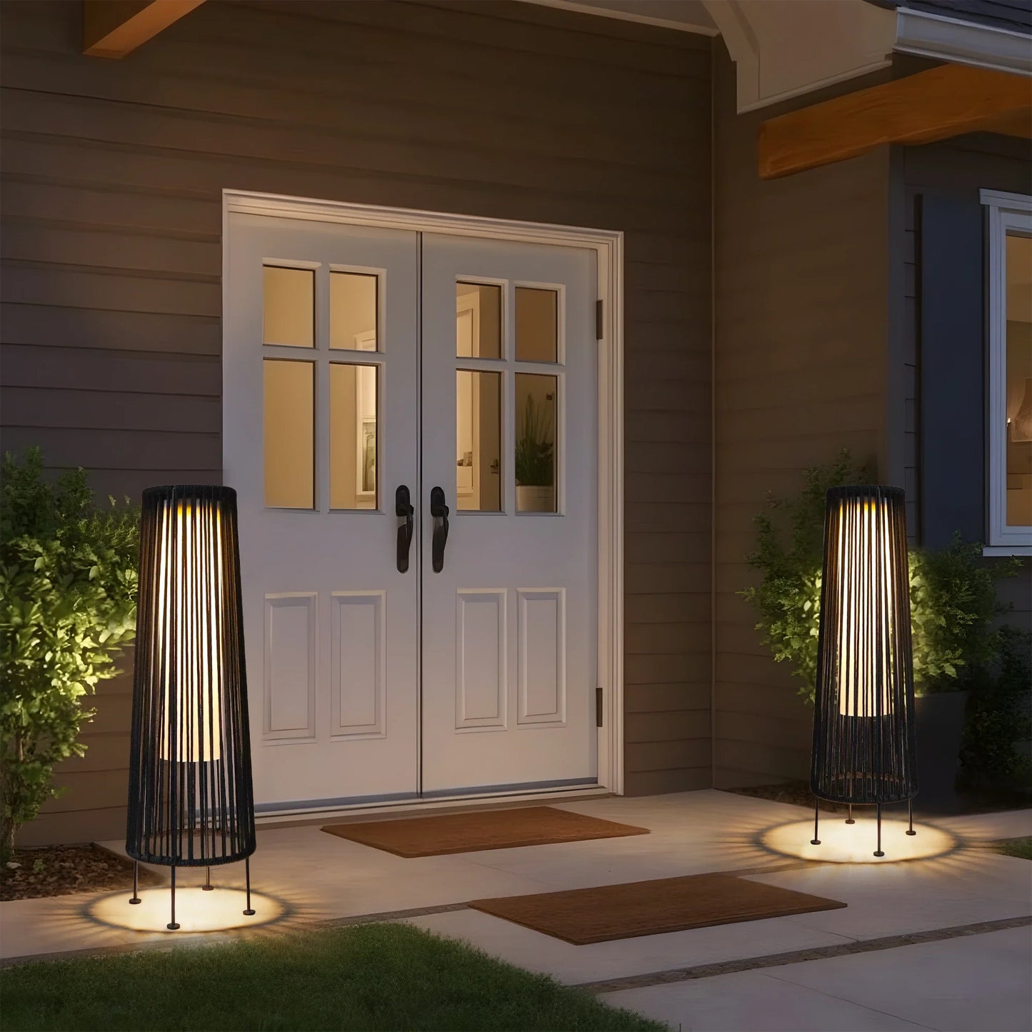 2 Piece Solar Powered Lantern Wicker Solar Patio Lamp Black
