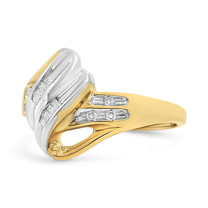 10K Yellow and White Gold 1.00 Cttw Round And Baguette-Cut Diamond Accent Bypass Ring (H-I Color, I2-I3 Clarity) - Ring Size 7