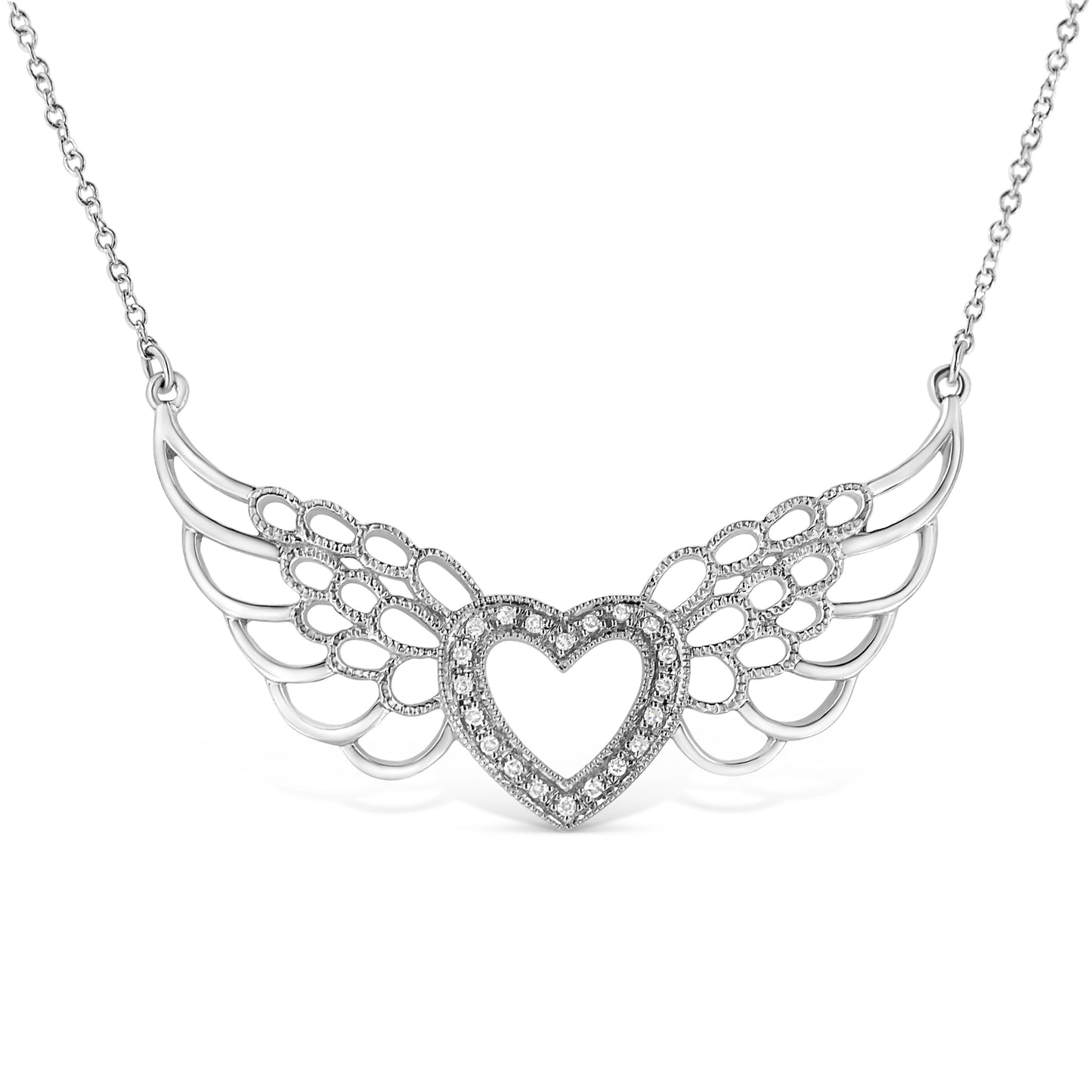 .925 Sterling Silver Pave-Set Diamond Accent Fairy Wing 18" Heart Pendant Necklace (I-J Color, I1-I2 Clarity)