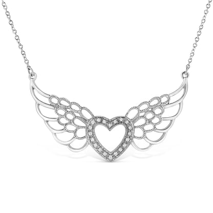 .925 Sterling Silver Pave-Set Diamond Accent Fairy Wing 18" Heart Pendant Necklace (I-J Color, I1-I2 Clarity)
