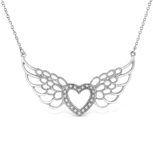 .925 Sterling Silver Pave-Set Diamond Accent Fairy Wing 18" Heart Pendant Necklace (I-J Color, I1-I2 Clarity)