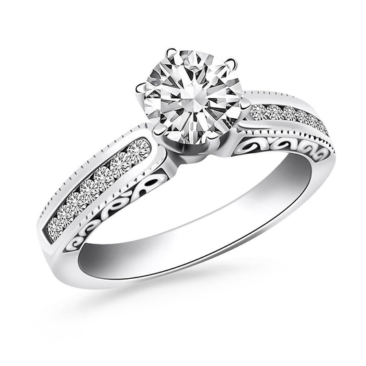 Bague de fiançailles en or blanc 14 carats avec diamants sertis rail et côtés gravés