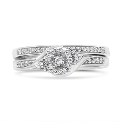 .925 Sterling Silver 1/4 Cttw Diamond Halo and Swirl Engagement Ring and Wedding Band Set (I-J Color, I3 Clarity)- Ring Size 7