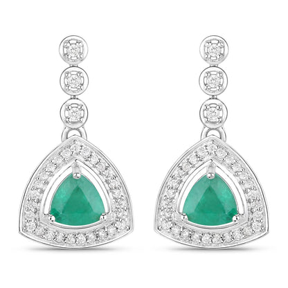 1.39 Carat Genuine Zambian Emerald and White Diamond 14K White Gold Earrings