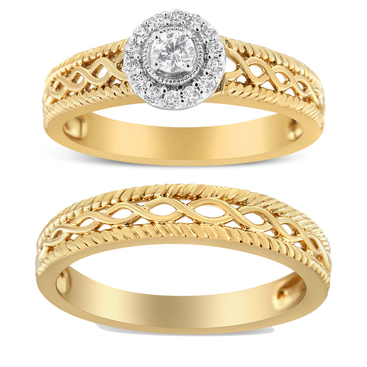 Bague de Fiançailles et Alliance en Argent Sterling .925 Plaqué Or Jaune 14K avec Halo de Diamants 1/5 Carat (Couleur I-J, Pureté I3) - Taille 7