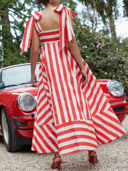 Striped Square Neck Wide Strap Dress