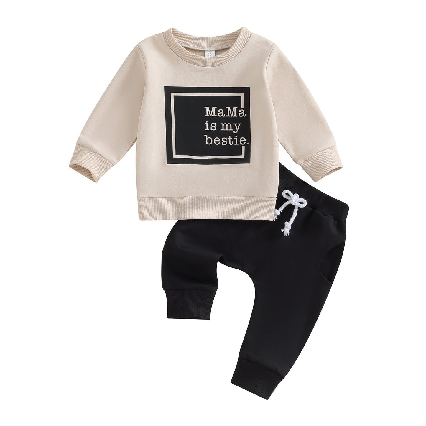 Letter-print Long-sleeve Top And Solid-color Pants Two-piece Set