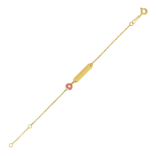 Bracelet d'identification en or jaune 14 carats de 5 1/2 pouces pour enfants avec cœur émaillé
