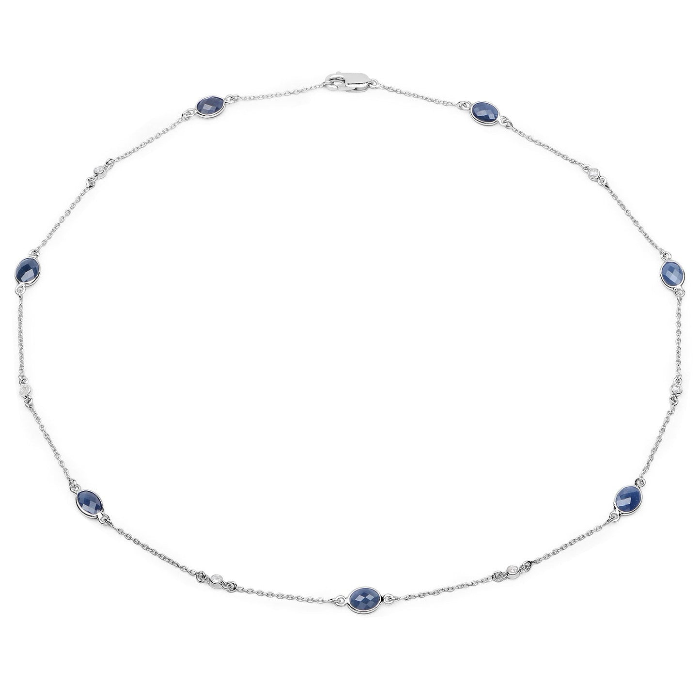 6.43 Carat Genuine Blue Sapphire and White Diamond .925 Sterling Silver Necklace