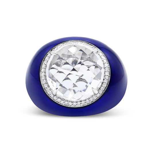 Bague dôme en or blanc 18 carats, quartz blanc 14 mm et diamants halo 1/5 carat (couleur F-G, pureté VS1-VS2) - Taille 7