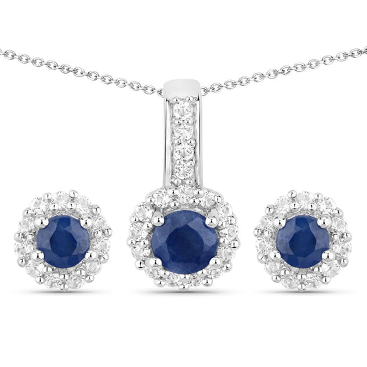 Parure en argent sterling .925 saphir bleu véritable de 2,17 carats et topaze blanche