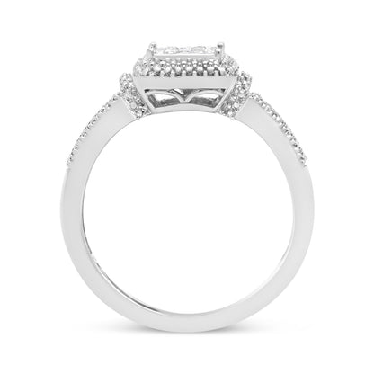 .925 Sterling Silver 1/4 Cttw Princess-cut Diamond Composite Ring with Beaded Halo (H-I Color, SI1-SI2 Clarity) - Size 7