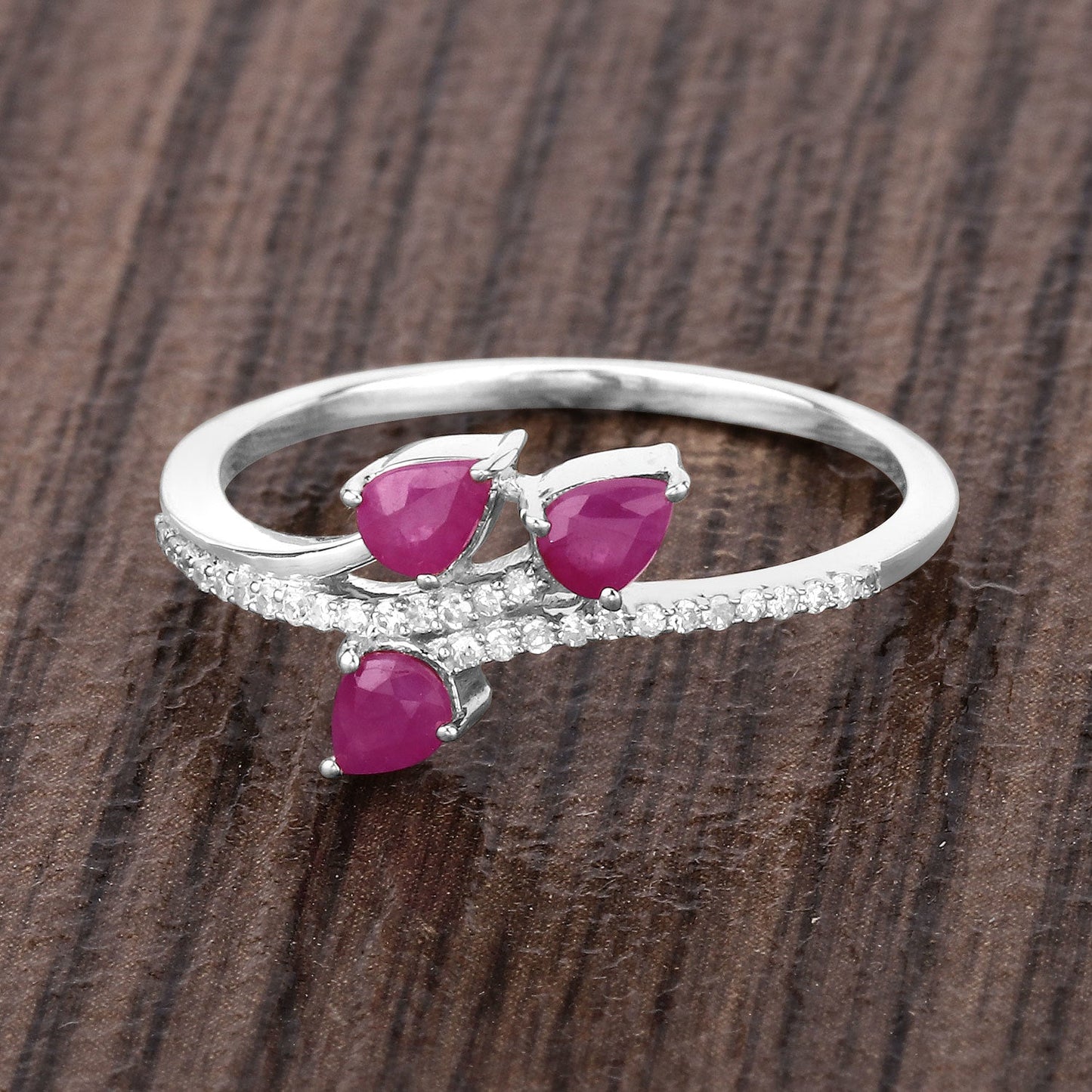 0.68 Carat Genuine Ruby and White Diamond 14K White Gold Ring
