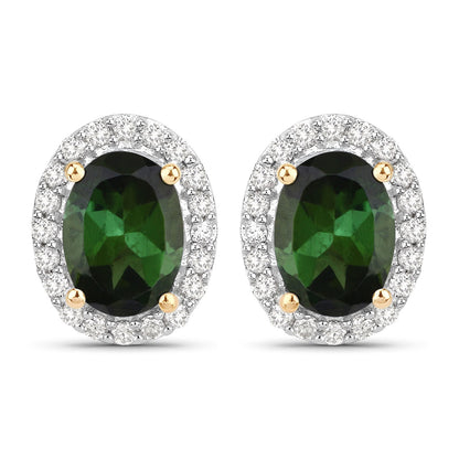 1.92 Carat Genuine Green Tourmaline and White Diamond 14K Yellow Gold Earrings