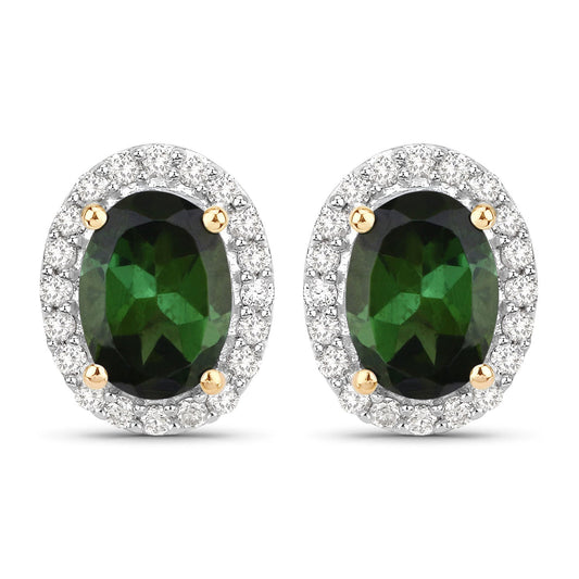 1.92 Carat Genuine Green Tourmaline and White Diamond 14K Yellow Gold Earrings