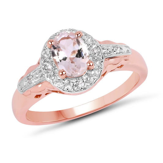 Bague en argent sterling 925 plaqué or rose 14 carats avec morganite véritable de 0,73 carat et topaze blanche