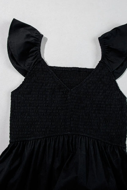 V Neck Ruffled Cap Sleeve Smocked Maxi Dress