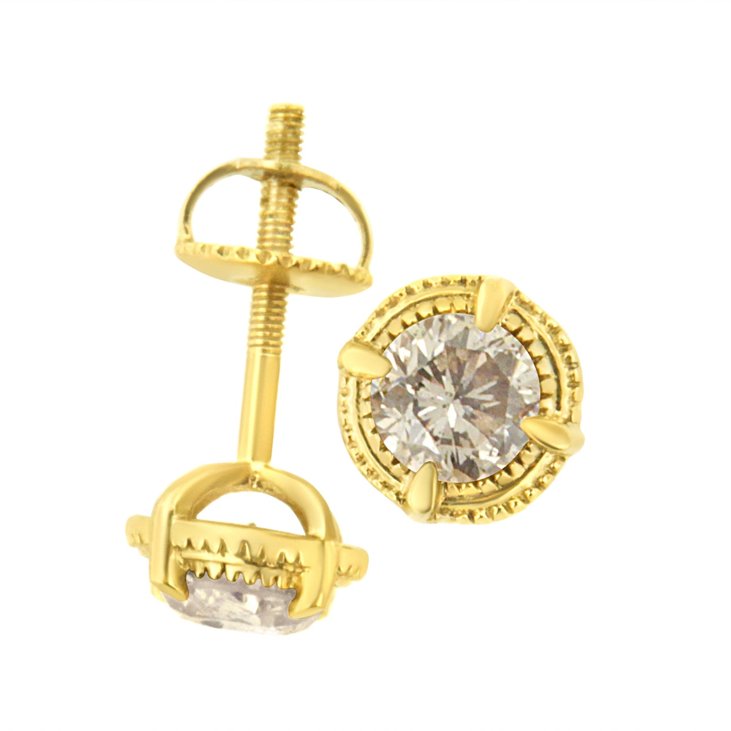 14K Yellow Gold Plated .925 Sterling Silver 1.0 Cttw Round Brilliant Cut Diamond Solitaire Milgrain Stud Earrings (K-L Color, I2-I3 Clarity)
