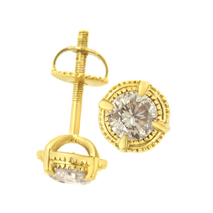 14K Yellow Gold Plated .925 Sterling Silver 1.0 Cttw Round Brilliant Cut Diamond Solitaire Milgrain Stud Earrings (K-L Color, I2-I3 Clarity)
