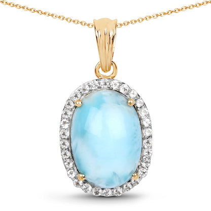14K Yellow Gold Plated 13.55 Carat Genuine Larimar and White Topaz .925 Sterling Silver Pendant