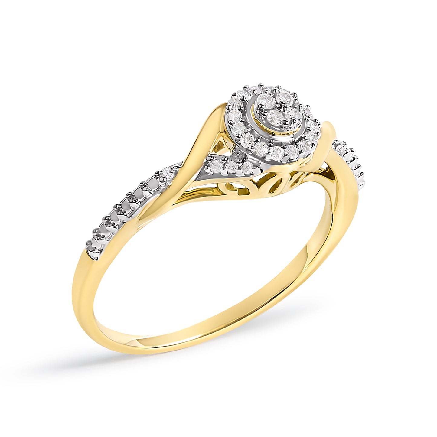 10K Yellow Gold 1/10 Cttw Diamond Swirl and Halo Promise Ring (I-J Color, I3 Clarity) - Size 7