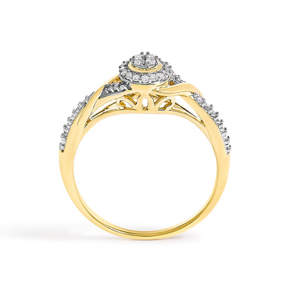 10K Yellow Gold 1/10 Cttw Diamond Swirl and Halo Promise Ring (I-J Color, I3 Clarity) - Size 7