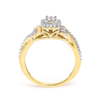 10K Yellow Gold Twisted Shank 1/10 Cttw Diamond Composite Halo Engagement Ring (I-J Color, I3 Clarity) - Size 7