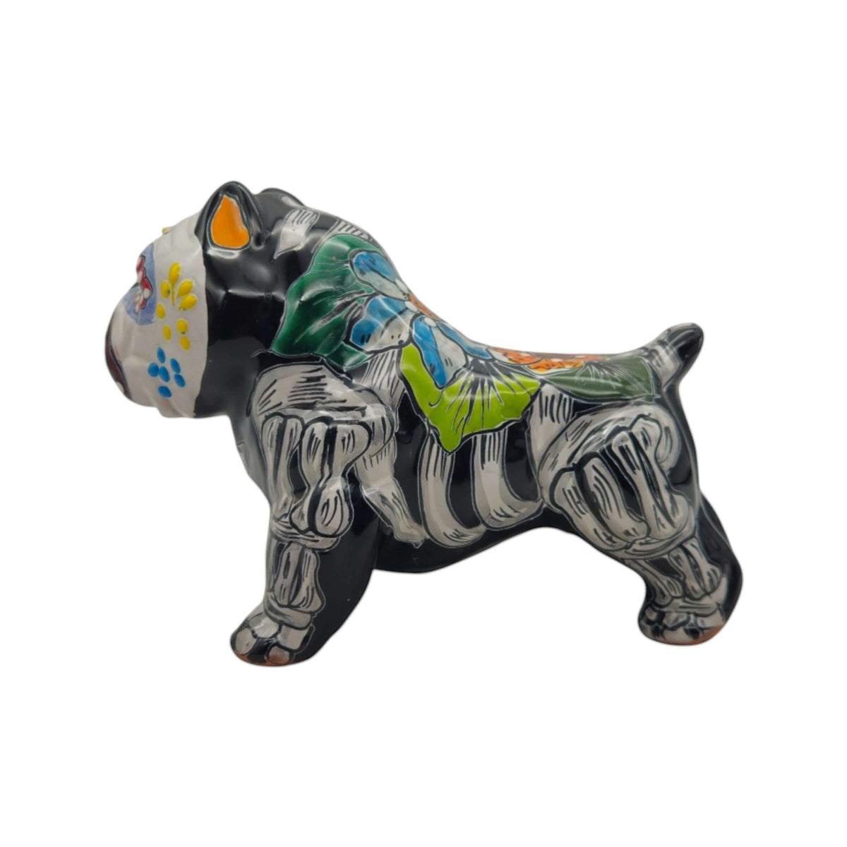 Talavera Cropped Ear Dog Statue | Day of the Dead Design