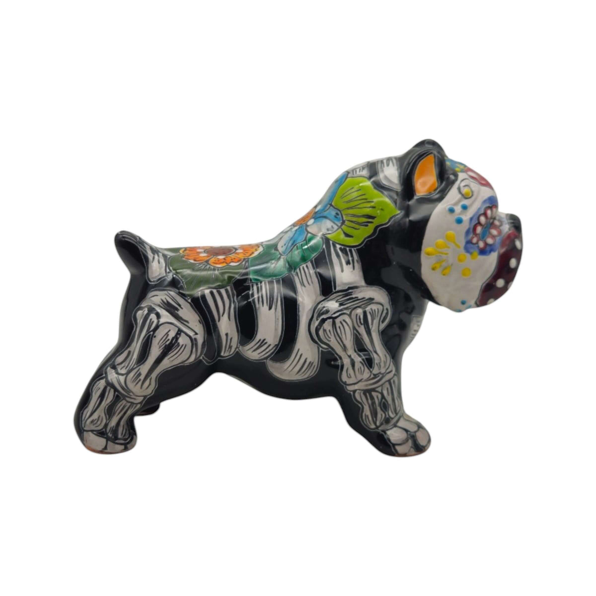 Talavera Cropped Ear Dog Statue | Day of the Dead Design