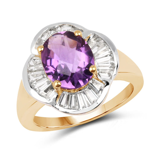 Bague en argent sterling 925 plaqué or jaune 14 carats avec améthyste véritable de 3,35 carats et topaze blanche