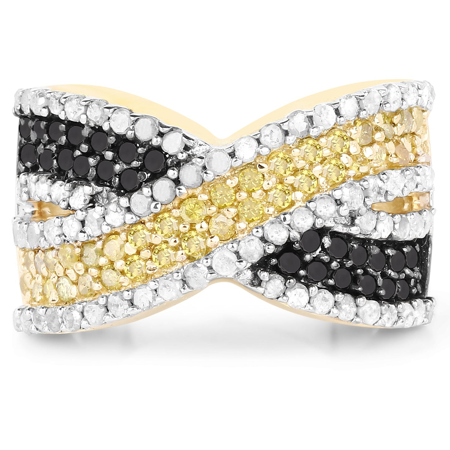 14K Yellow Gold Plated 1.58 Carat Genuine Black Diamond, White Diamond & Yellow Diamond .925 Sterling Silver Ring