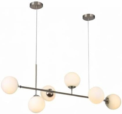 KCO Modern Silver Milk Glass Pendant Light 6 Light Pendant Light Fixture Chandelier Brushed Nickel Chandelier Modern Hanging Linear Light Fixture for Dining Room Kitchen Island