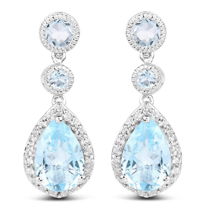 9.46 Carat Genuine Blue Topaz and White Topaz .925 Sterling Silver Earrings