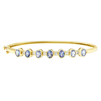 14K Yellow Gold Alternating Bezel Set 5MM Oval Shaped Tanzanite and 1/5 Cttw Diamond Bangle Bracelet (H-I Color, VS2-SI1 Clarity) - Fit's wrists up to 7.25" Inches