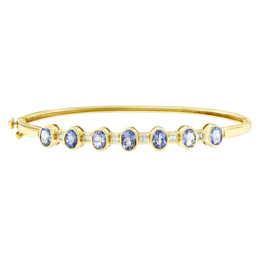 Bracelet jonc en or jaune 14 carats avec tanzanites ovales de 5 mm serties clos en alternance et diamants de 1/5 carat (couleur H-I, clarté VS2-SI1) - Convient aux poignets jusqu'à 7,25 pouces