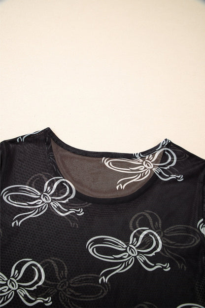 Bow Mesh Round Neck Short Sleeve T-Shirt