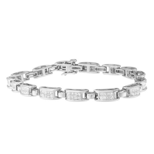 Bracelet à maillons rectangulaires en or blanc 14 carats serti invisible de diamants taille princesse 2,0 carats (couleur I-J, pureté I1-I2) - 7,25 po