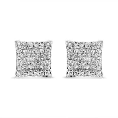 18K White Gold 1.00 Cttw Round and Princess-Cut Diamond Halo Square Stud Earring (G-H Color, SI1-SI2 Clarity)