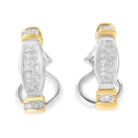 Boucles d'oreilles en or bicolore 14 carats avec diamants ronds et princesse (0,5 carat au total, couleur H-I, pureté SI2-I1)
