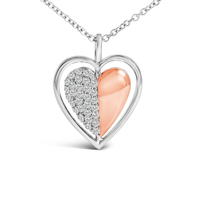 10K Rose Gold Plated Sterling Silver 1/5 Cttw Diamond Two-Tone Heart Pendant Necklace