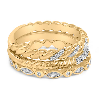 14K Yellow Gold Plated Sterling Silver 1/4 Cttw Diamond Twist Leaf Stackable Ring Set