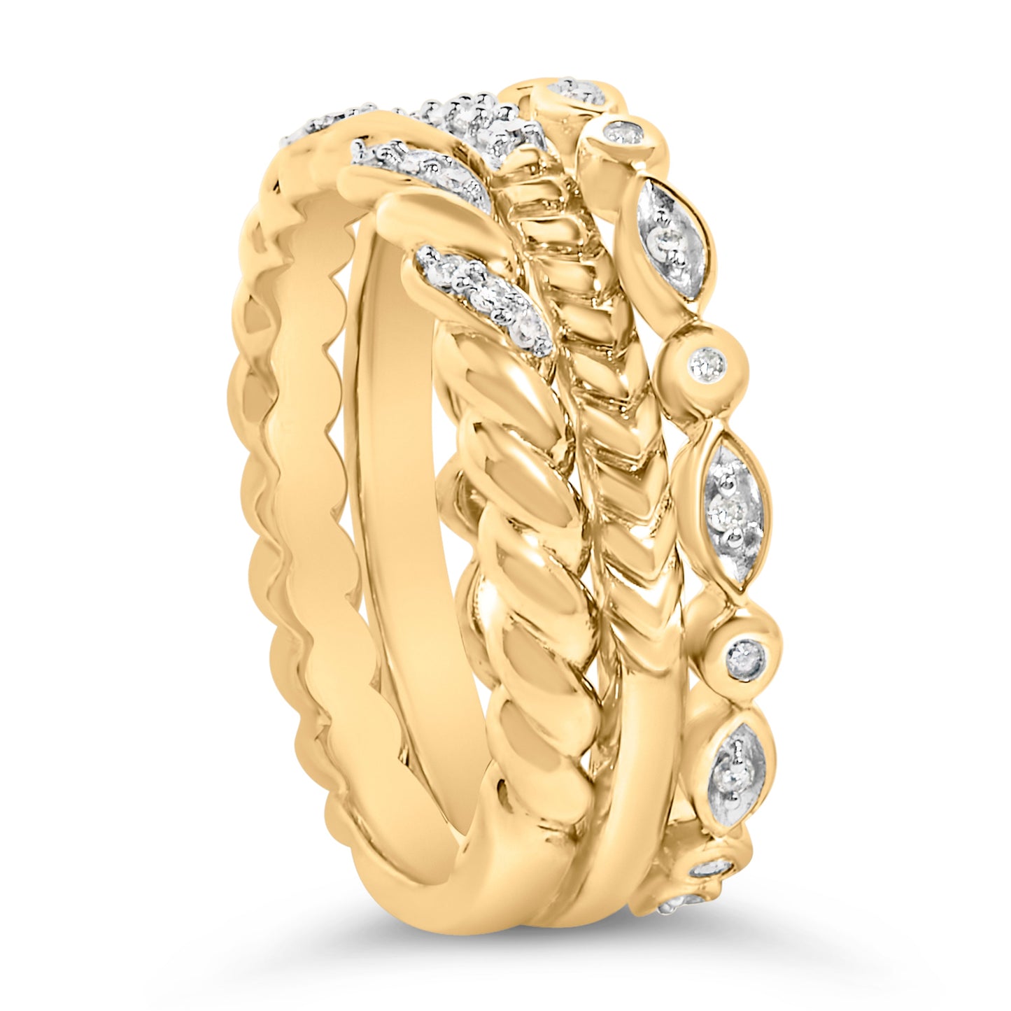14K Yellow Gold Plated Sterling Silver 1/4 Cttw Diamond Twist Leaf Stackable Ring Set