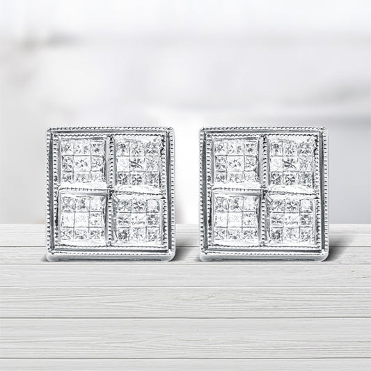 Boucles d'oreilles clous en or blanc 14K, 1/2 carat au total, diamants princesse sertis invisibles, forme carrée, milgrain (couleur H-I, pureté SI1-SI2)